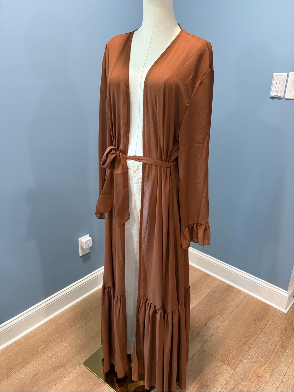 Kabayare Brown Long Duster Kimono Cardigan Ruffle Hem Tie Waist One Size Maxi - Picture 3 of 9